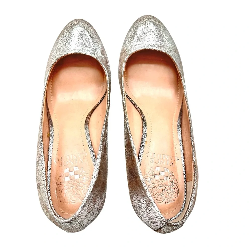 Vince Camuto Metallic Leather Wedge Heels Sz 6.5 VC-Melle Enhanced Silver‎ Pumps
